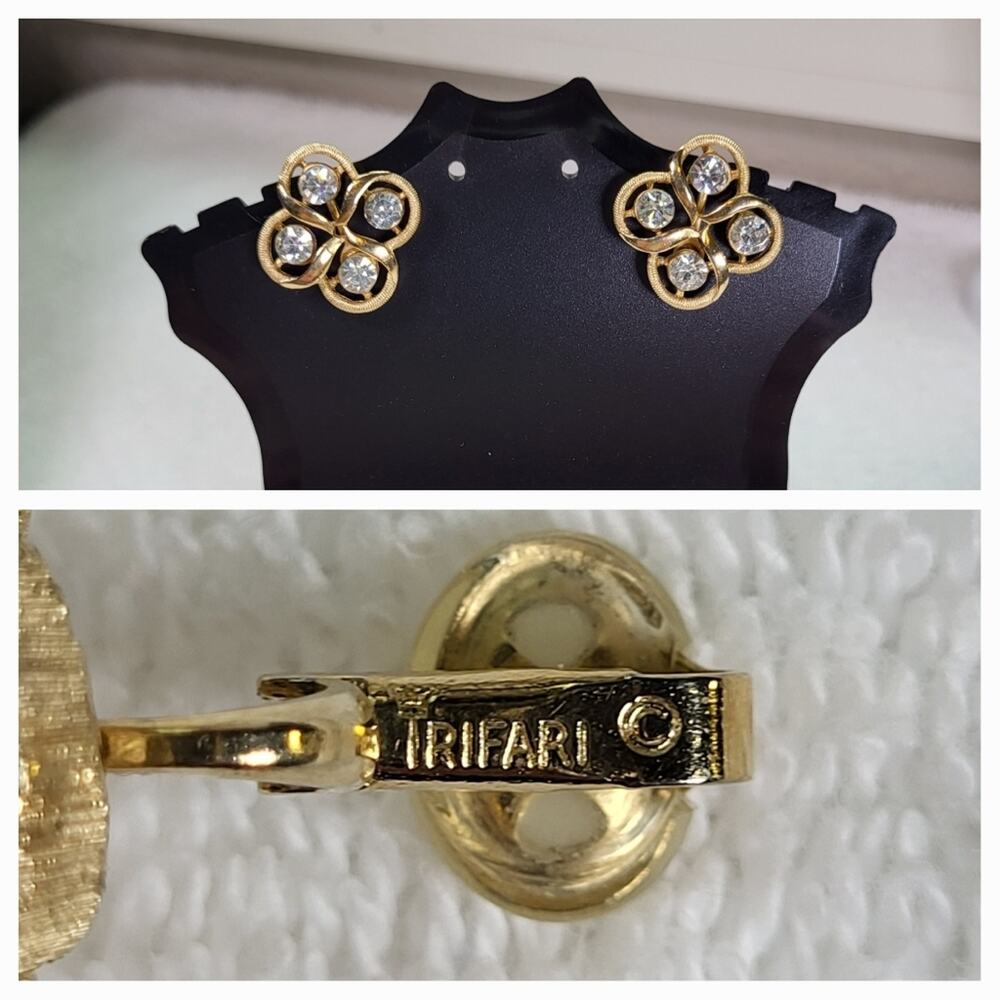 Vintage TRIFARI Gold and Crystal Clover Clip-on Earrings - Picture 6 of 9